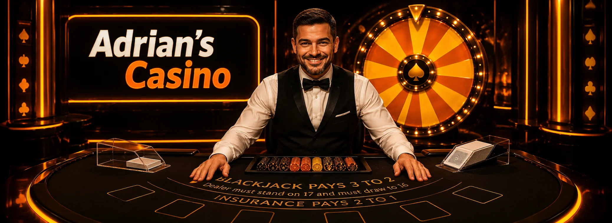 Evolution live dealer floor at Adrian's Casino with roulette, blackjack and baccarat tables running in English